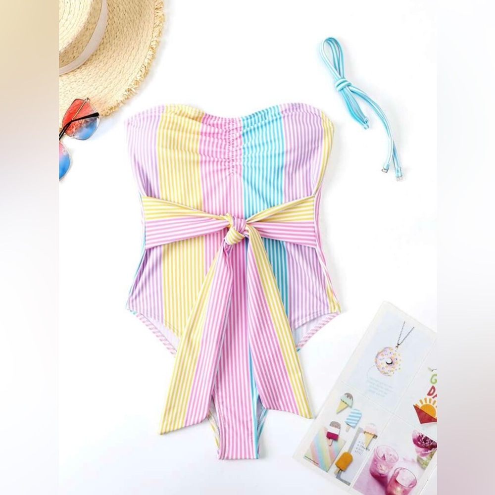 NWOT Swim Mod Striped Ruched One Piece Swimsuit